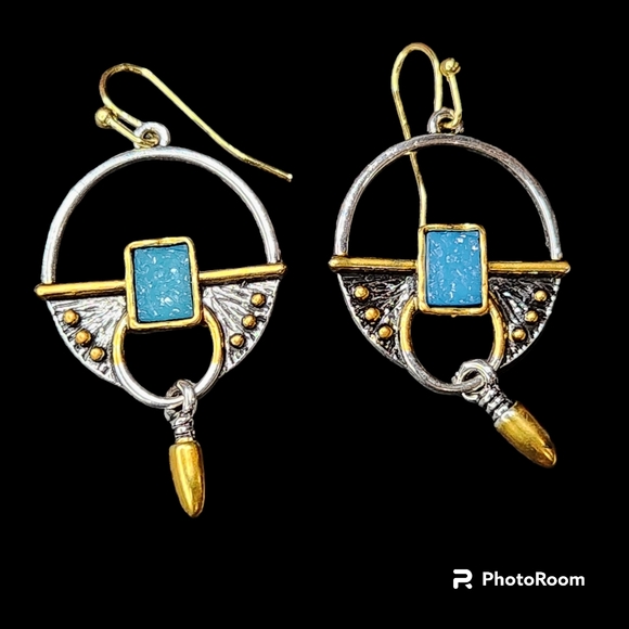 Modern Art Deco Bullet Inlaid Design Synthetic Blue Gems Drop Earrings NWT - Picture 4 of 8